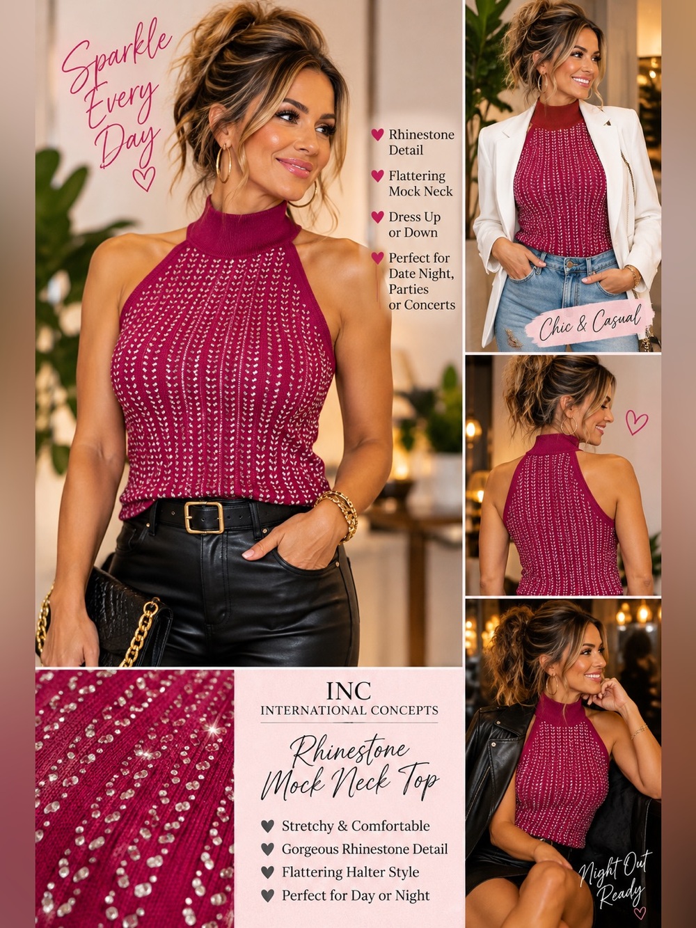 INC International Concepts Rhinestone-Trim Halter Mock-Neck Top Pink Medium